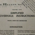 Jack & Heintz Generator 30007-003 Simplified Overhaul Parts Instructions. Fixed Price $120.28.